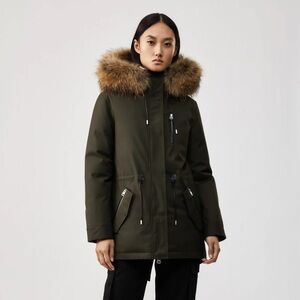 Mackage Chara Military Green Down Twill Parka Jacket Natural Hood Fur Trim XS